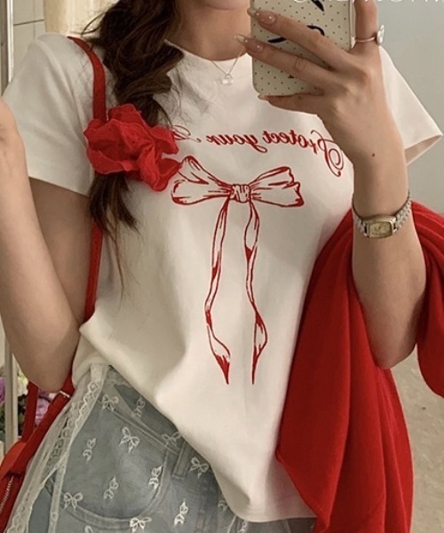 Teem Store(チームストア)の「リボンデザイン プリントTシャツ(Tシャツ/カットソー・レディース・ブラック/ホワイト・S/M)」の6枚目の写真