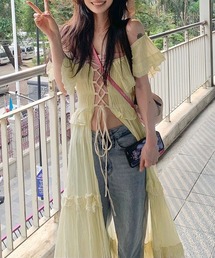 前後着用可能 2wayシアーレースアップカーディガンワンピース
