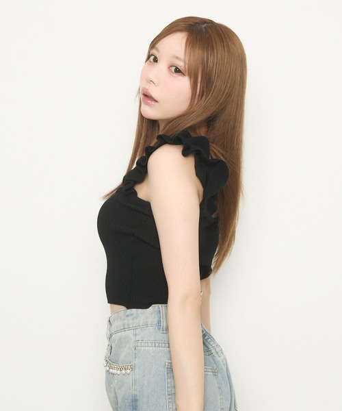 d.i.a.★フリーサイズ★ニット★フリルキャミ★木製リング付★ギャル★ d.i.a.☆フリーサイズ☆ニット☆フリルキャミ☆木製リング付