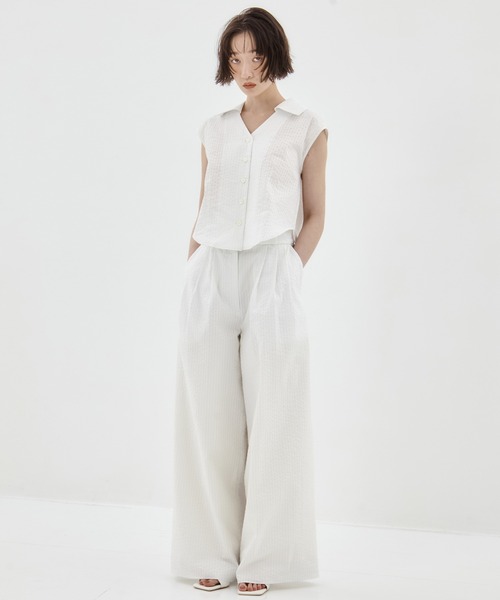 STUDIOUS（ステュディオス）の「【STUDIOUS/ステュディオス】Seersucker Flare Pants/シーサッカーフレアパンツ（その他パンツ・レディース・ブラック/ホワイト/ストライプ・1/2）」の10枚目の写真