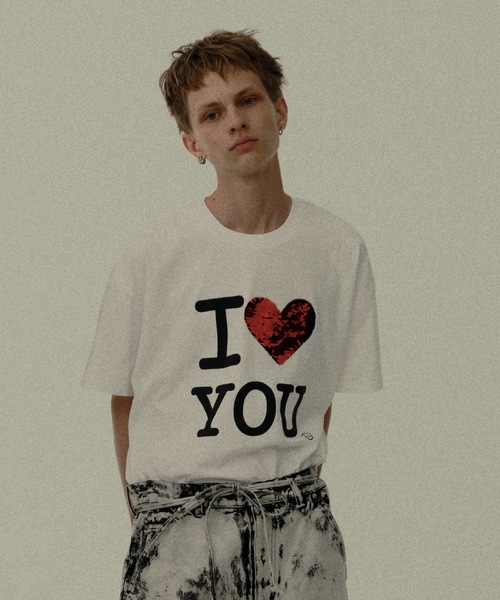DISCOVERED(ディスカバード)の「I LOVE&HATE SEQUINS DAMAGE TEE(Tシャツ/カットソー・メンズ・ホワイト/ブラック・3/1)」の1枚目の写真
