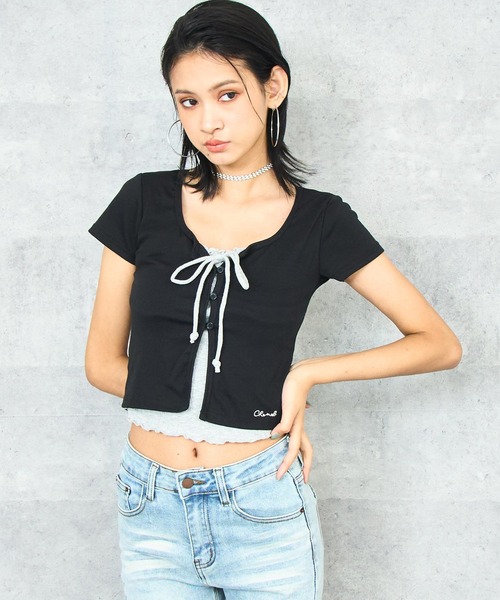 ANAP(アナップ)の「メロウリボンカーディガン レイヤード風トップス(Tシャツ/カットソー・レディース・ブラック/ホワイト/レッド・FREE)」の1枚目の写真