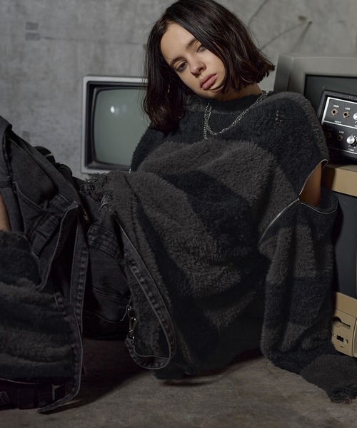 ERAR(エラー)の「【ERAR】ジップアームハイダメージハイギミックボーダーニット(ニット/セーター・メンズ・レッド系/ホワイト系/ブラック系/パープル系・M/S/XL/L)」の3枚目の写真