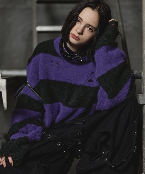 ERAR(エラー)の「【ERAR】ジップアームハイダメージハイギミックボーダーニット(ニット/セーター・メンズ・レッド系/ホワイト系/ブラック系/パープル系・M/S/XL/L)」の4枚目の写真