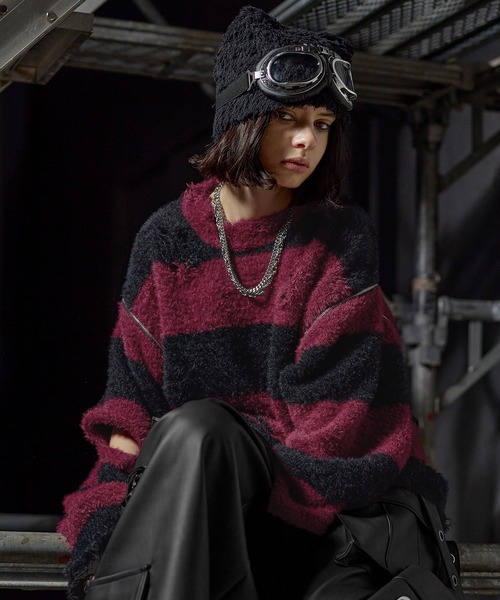 ERAR(エラー)の「【ERAR】ジップアームハイダメージハイギミックボーダーニット(ニット/セーター・メンズ・レッド系/ホワイト系/ブラック系/パープル系・M/S/XL/L)」の1枚目の写真