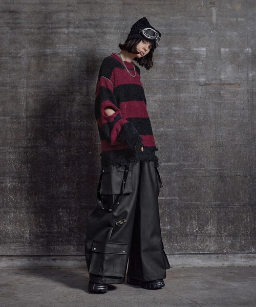 ERAR(エラー)の「【ERAR】ジップアームハイダメージハイギミックボーダーニット(ニット/セーター・メンズ・レッド系/ホワイト系/ブラック系/パープル系・M/S/XL/L)」の9枚目の写真