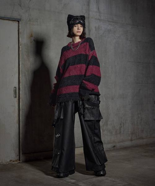 ERAR(エラー)の「【ERAR】ジップアームハイダメージハイギミックボーダーニット(ニット/セーター・メンズ・レッド系/ホワイト系/ブラック系/パープル系・M/S/XL/L)」の10枚目の写真