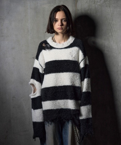 ERAR(エラー)の「【ERAR】ジップアームハイダメージハイギミックボーダーニット(ニット/セーター・メンズ・レッド系/ホワイト系/ブラック系/パープル系・M/S/XL/L)」の16枚目の写真