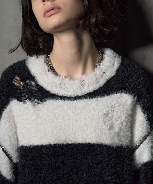 ERAR(エラー)の「【ERAR】ジップアームハイダメージハイギミックボーダーニット(ニット/セーター・メンズ・レッド系/ホワイト系/ブラック系/パープル系・M/S/XL/L)」の19枚目の写真