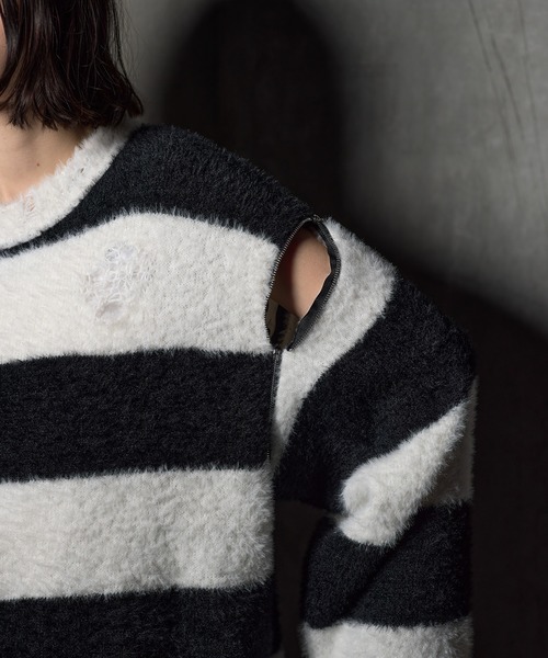 ERAR(エラー)の「【ERAR】ジップアームハイダメージハイギミックボーダーニット(ニット/セーター・メンズ・レッド系/ホワイト系/ブラック系/パープル系・M/S/XL/L)」の5枚目の写真