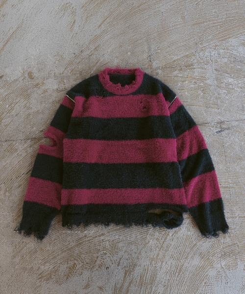 ERAR(エラー)の「【ERAR】ジップアームハイダメージハイギミックボーダーニット(ニット/セーター・メンズ・レッド系/ホワイト系/ブラック系/パープル系・M/S/XL/L)」の15枚目の写真