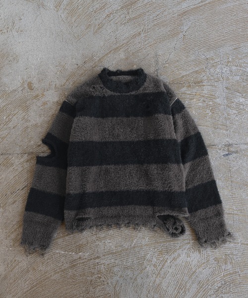 ERAR(エラー)の「【ERAR】ジップアームハイダメージハイギミックボーダーニット(ニット/セーター・メンズ・レッド系/ホワイト系/ブラック系/パープル系・M/S/XL/L)」の14枚目の写真