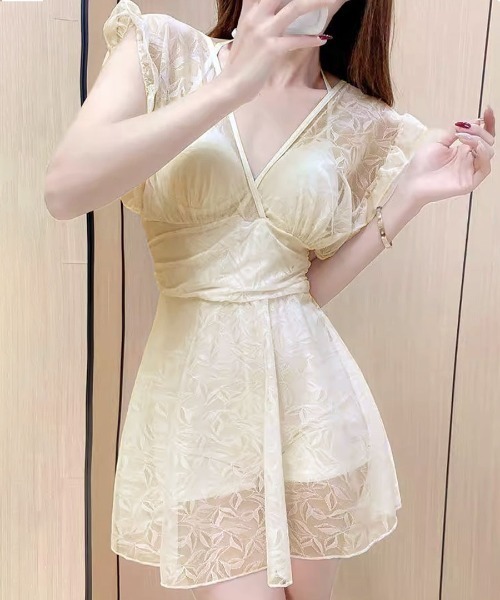 ワンピース水着 ベージュ レース エレガント 大人可愛い♪ ワンピース水着 ベージュ 体型カバー レース 大人可愛い