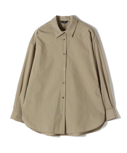 新品◆組曲 【洗える】JFストライプシャーティング ブラウス バンドカラーシャツ JUNOAH ブラウス シャツ 半袖バンドカラーストライプオーバー