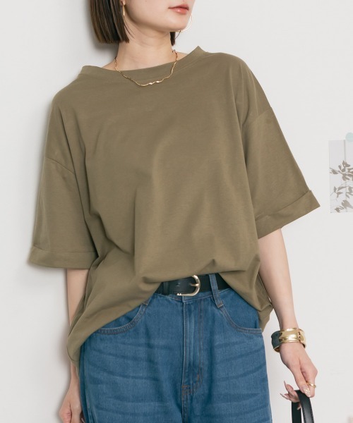 RCD(アールシーディー)の「ロールアップハーフスリーブカットソー(Tシャツ/カットソー・レディース・カーキ/ブラック/杢グレー/オフホワイト・4L~5L/LL~3L/M-L)」の4枚目の写真