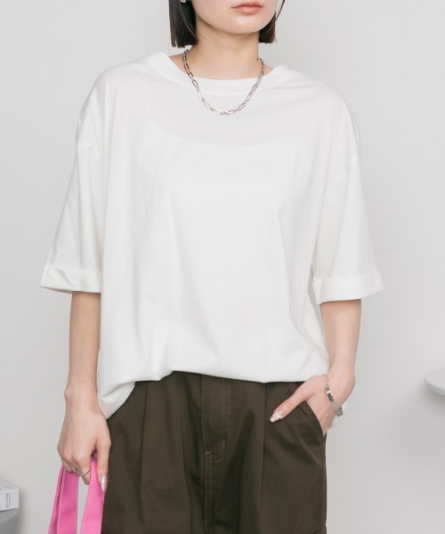 RCD(アールシーディー)の「ロールアップハーフスリーブカットソー(Tシャツ/カットソー・レディース・カーキ/ブラック/杢グレー/オフホワイト・4L~5L/LL~3L/M-L)」の5枚目の写真