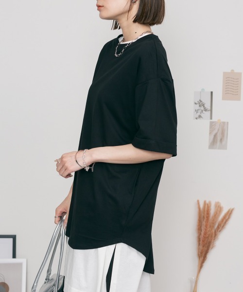 RCD(アールシーディー)の「ロールアップハーフスリーブカットソー(Tシャツ/カットソー・レディース・カーキ/ブラック/杢グレー/オフホワイト・4L~5L/LL~3L/M-L)」の9枚目の写真