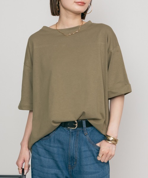 RCD(アールシーディー)の「ロールアップハーフスリーブカットソー(Tシャツ/カットソー・レディース・カーキ/ブラック/杢グレー/オフホワイト・4L~5L/LL~3L/M-L)」の14枚目の写真