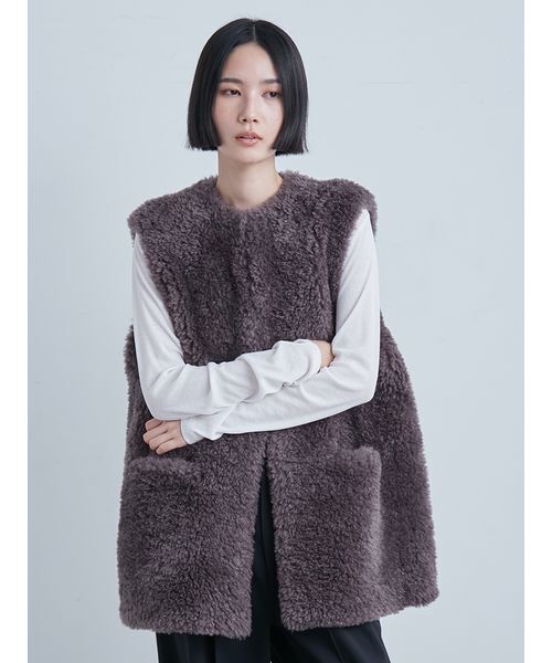 【美品】  MIESROHE / ミースロエ | ファー ノースリーブ Vネック ベスト | F | グレー | レディース 美品】 MIESROHE / ミースロエ | ファー ノースリーブ Vネック ベスト