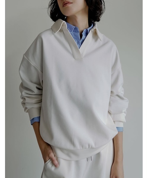 Re:EDIT（リエディ）の「[2025AW COLLECTION][イージーケア]ライトダンボールスキッパーポロプルオーバー（パーカー・レディース・ブラック/アイボリー/グレー・MEDIUM/LARGE）」の2枚目の写真