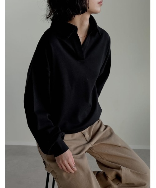 Re:EDIT（リエディ）の「[2025AW COLLECTION][イージーケア]ライトダンボールスキッパーポロプルオーバー（パーカー・レディース・ブラック/アイボリー/グレー・MEDIUM/LARGE）」の3枚目の写真