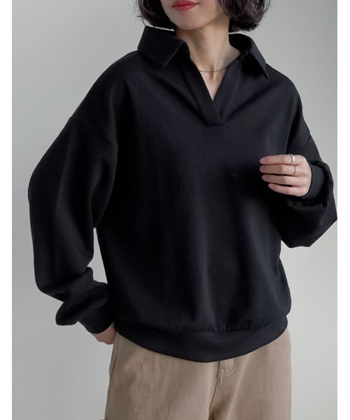 Re:EDIT（リエディ）の「[2025AW COLLECTION][イージーケア]ライトダンボールスキッパーポロプルオーバー（パーカー・レディース・ブラック/アイボリー/グレー・MEDIUM/LARGE）」の7枚目の写真