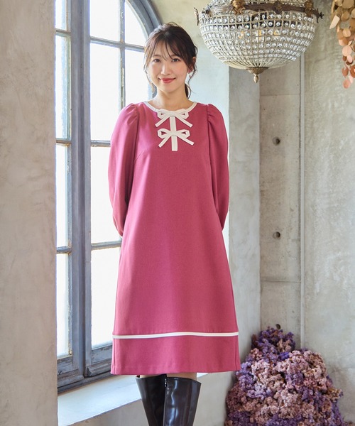 Rose Tiara(ローズティアラ)の「【伸縮性◎/イージーケア】配色リボンワンピース(ワンピース・レディース・ピンク/ベージュ/ブラック・38/42/46)」の3枚目の写真