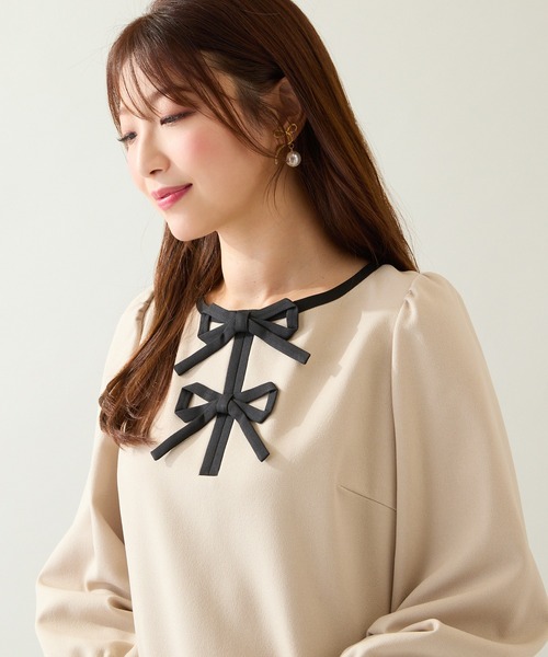Rose Tiara(ローズティアラ)の「【伸縮性◎/イージーケア】配色リボンワンピース(ワンピース・レディース・ピンク/ベージュ/ブラック・38/42/46)」の7枚目の写真
