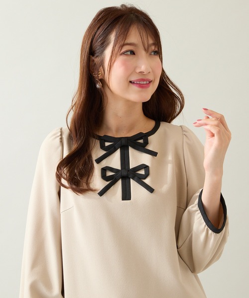 Rose Tiara(ローズティアラ)の「【伸縮性◎/イージーケア】配色リボンワンピース(ワンピース・レディース・ピンク/ベージュ/ブラック・38/42/46)」の8枚目の写真