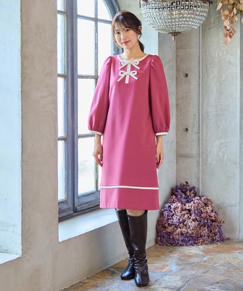 Rose Tiara(ローズティアラ)の「【伸縮性◎/イージーケア】配色リボンワンピース(ワンピース・レディース・ピンク/ベージュ/ブラック・38/42/46)」の9枚目の写真