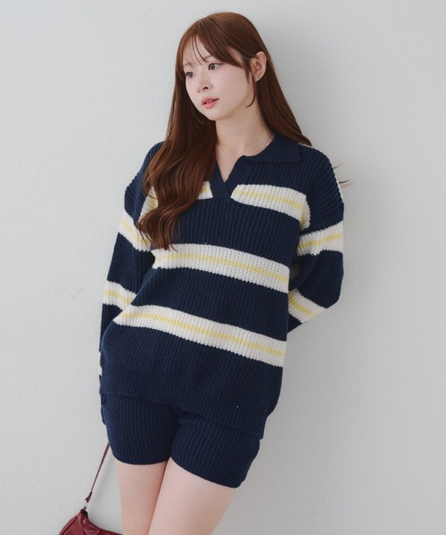 continuer de NICE CLAUP（コンティニューデナイスクラップ）の「【セットアップ】ボーダーポロ＆ニットパンツセット（セットアップ・レディース・ネイビー/ベージュ/アイボリー・FREE）」の2枚目の写真