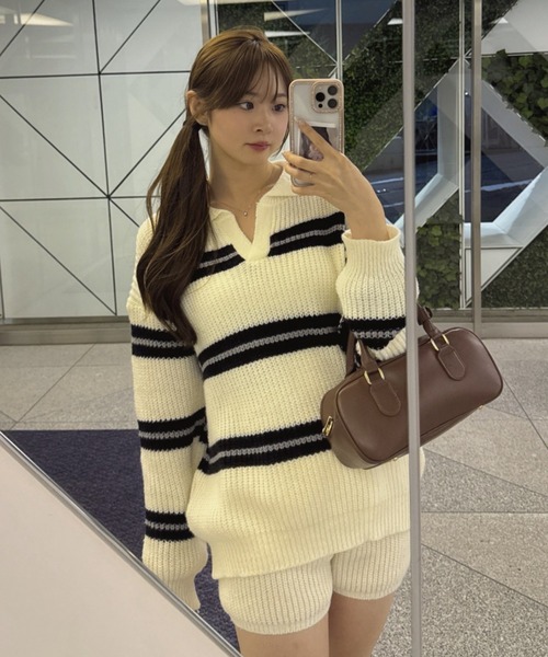 continuer de NICE CLAUP（コンティニューデナイスクラップ）の「【セットアップ】ボーダーポロ＆ニットパンツセット（セットアップ・レディース・ネイビー/ベージュ/アイボリー・FREE）」の3枚目の写真