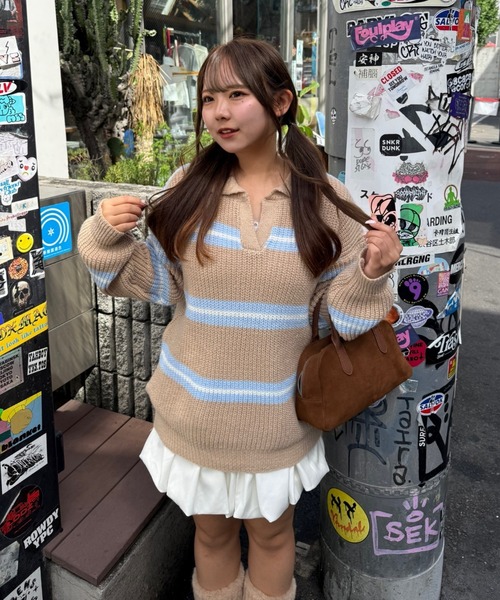 continuer de NICE CLAUP（コンティニューデナイスクラップ）の「【セットアップ】ボーダーポロ＆ニットパンツセット（セットアップ・レディース・ネイビー/ベージュ/アイボリー・FREE）」の4枚目の写真