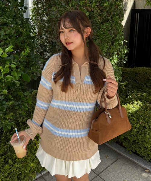 continuer de NICE CLAUP（コンティニューデナイスクラップ）の「【セットアップ】ボーダーポロ＆ニットパンツセット（セットアップ・レディース・ネイビー/ベージュ/アイボリー・FREE）」の5枚目の写真