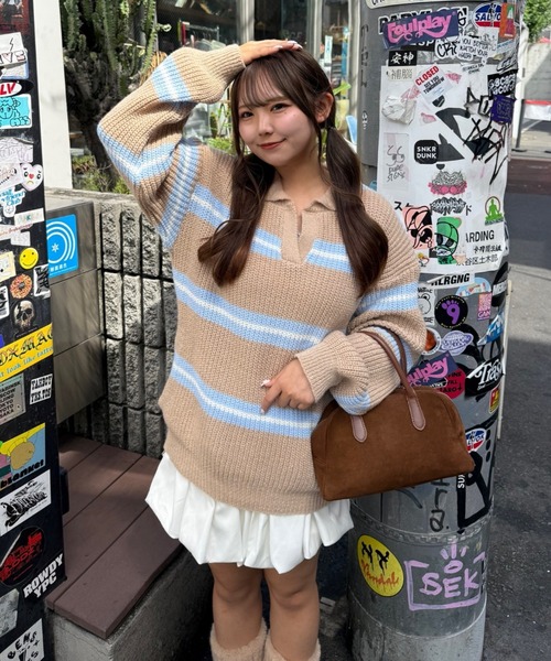 continuer de NICE CLAUP（コンティニューデナイスクラップ）の「【セットアップ】ボーダーポロ＆ニットパンツセット（セットアップ・レディース・ネイビー/ベージュ/アイボリー・FREE）」の6枚目の写真