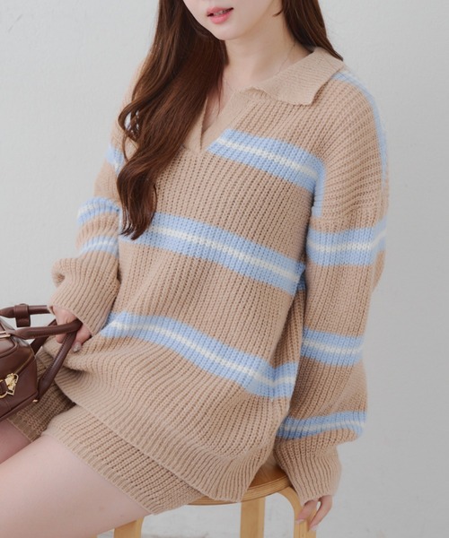 continuer de NICE CLAUP（コンティニューデナイスクラップ）の「【セットアップ】ボーダーポロ＆ニットパンツセット（セットアップ・レディース・ネイビー/ベージュ/アイボリー・FREE）」の19枚目の写真