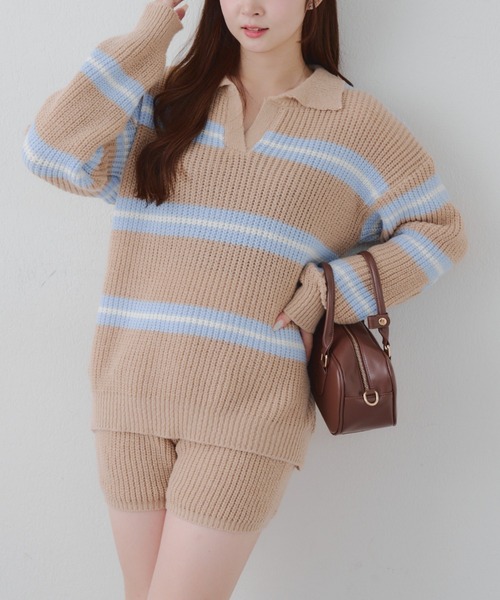 continuer de NICE CLAUP（コンティニューデナイスクラップ）の「【セットアップ】ボーダーポロ＆ニットパンツセット（セットアップ・レディース・ネイビー/ベージュ/アイボリー・FREE）」の22枚目の写真