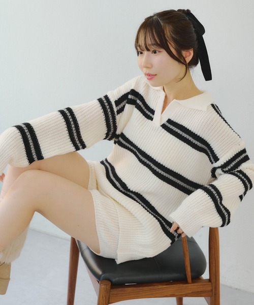 continuer de NICE CLAUP（コンティニューデナイスクラップ）の「【セットアップ】ボーダーポロ＆ニットパンツセット（セットアップ・レディース・ネイビー/ベージュ/アイボリー・FREE）」の9枚目の写真