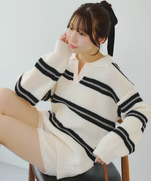 continuer de NICE CLAUP（コンティニューデナイスクラップ）の「【セットアップ】ボーダーポロ＆ニットパンツセット（セットアップ・レディース・ネイビー/ベージュ/アイボリー・FREE）」の10枚目の写真