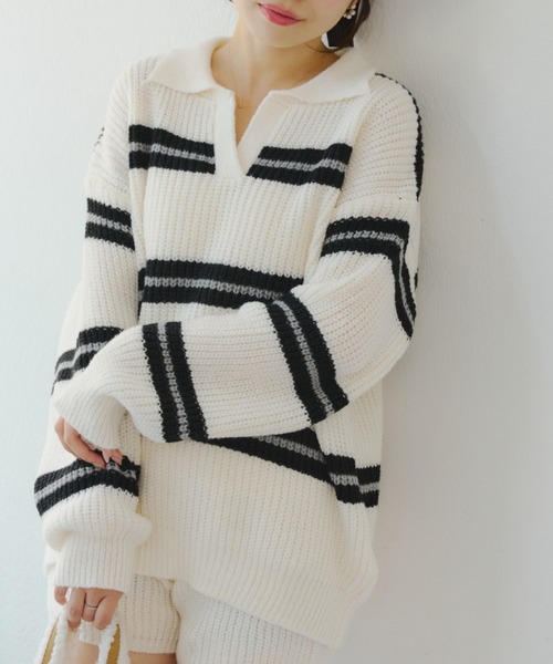 continuer de NICE CLAUP（コンティニューデナイスクラップ）の「【セットアップ】ボーダーポロ＆ニットパンツセット（セットアップ・レディース・ネイビー/ベージュ/アイボリー・FREE）」の11枚目の写真