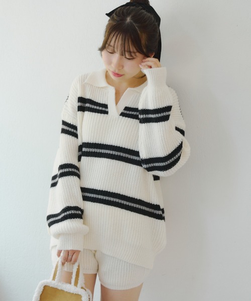 continuer de NICE CLAUP（コンティニューデナイスクラップ）の「【セットアップ】ボーダーポロ＆ニットパンツセット（セットアップ・レディース・ネイビー/ベージュ/アイボリー・FREE）」の12枚目の写真