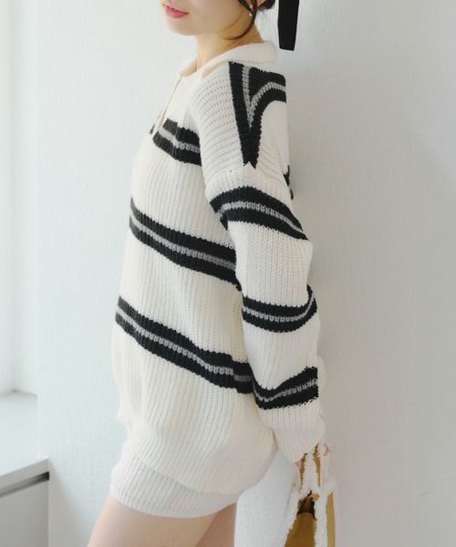 continuer de NICE CLAUP（コンティニューデナイスクラップ）の「【セットアップ】ボーダーポロ＆ニットパンツセット（セットアップ・レディース・ネイビー/ベージュ/アイボリー・FREE）」の14枚目の写真