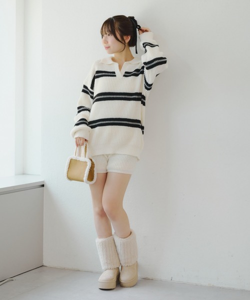 continuer de NICE CLAUP（コンティニューデナイスクラップ）の「【セットアップ】ボーダーポロ＆ニットパンツセット（セットアップ・レディース・ネイビー/ベージュ/アイボリー・FREE）」の15枚目の写真