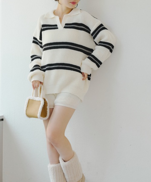 continuer de NICE CLAUP（コンティニューデナイスクラップ）の「【セットアップ】ボーダーポロ＆ニットパンツセット（セットアップ・レディース・ネイビー/ベージュ/アイボリー・FREE）」の17枚目の写真