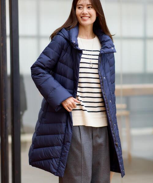 レオナール　ネイビー フード付き ロングダウンジャケットコート セール】【名品アウター/800FP・多機能】つつまれダウンロング（ダウン