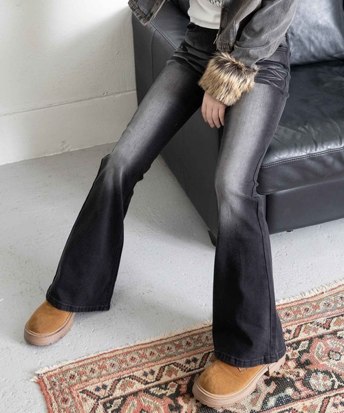 2サイズ展開】デニムフレアパンツ/ヒゲ/平成ギャル（デニムパンツ