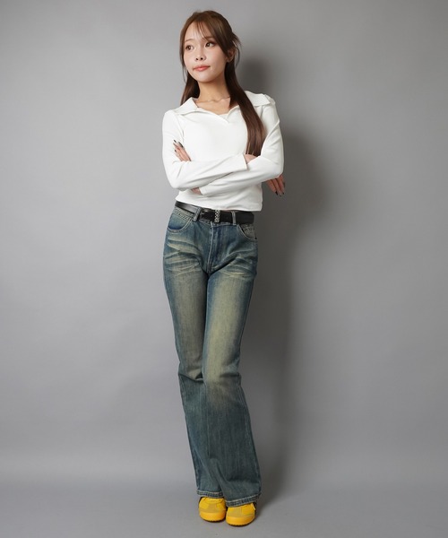 SPINNS(スピンズ)の「【2サイズ展開】デニムフレアパンツ/ヒゲ/平成ギャル(デニムパンツ・レディース・ブルー系その他/ブラック・S/M)」の18枚目の写真