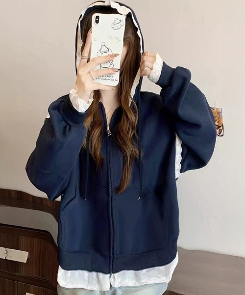 Miniministore(ミニミニストア)の「パーカー レース切り替え 韓国風 ZIP(パーカー・レディース・グレー/ネイビー・FREE)」の4枚目の写真