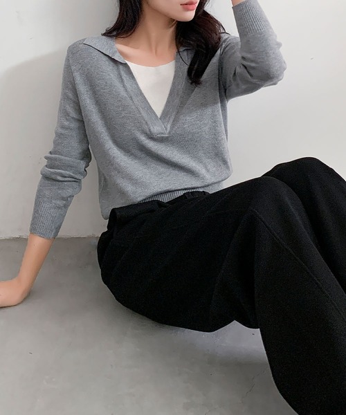 LOWO(ロワ)の「レイヤード風 Vネック ニット プルオーバー 長袖 トップス 秋冬(ニット/セーター・レディース・ネイビー/ブラック/グレー・FREE)」の3枚目の写真