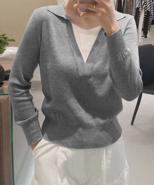 LOWO(ロワ)の「レイヤード風 Vネック ニット プルオーバー 長袖 トップス 秋冬(ニット/セーター・レディース・ネイビー/ブラック/グレー・FREE)」の10枚目の写真
